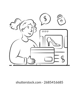 Flat vector illustration showing ecommerce a customer paying online by card