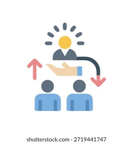Ilustración vectorial plana que muestra el crecimiento de los empleados con el bucle de Comentarios. Una mano Asistencia a las personas con flechas hacia arriba y hacia abajo que indican la revisión del rendimiento.