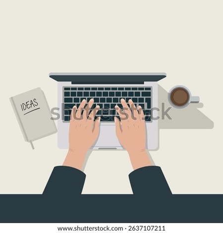 Flat vector illustration showing a faceless character's hands on a laptop. Clean top-down workspace with soft tones, perfect for work-from-home or productivity themes.