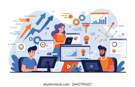 Ilustração vetorial plana mostrando uma equipe de hackers de crescimento em rápida evolução trabalhando em ferramentas digitais, análise de dados e estratégias de marketing.