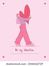 Flat Vector Illustration showing Female Character hugging large Heart shape; Young Woman in Casual Clothing with relaxed pose; isolated on pink background; Valentine's Day theme