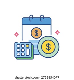 A flat vector illustration showing financial planning represented by calendar, calculator, and dollar coin on a White Background. Clean graphic style.
