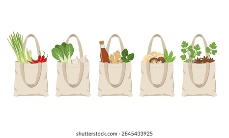 A flat vector illustration showing five eco-friendly cloth shopping bags arranged in a line. Each bag contains different culinary items for Asian cuisine such as lemongrass, red chili peppers, Chinese cabbage, garlic bulbs, ginger root, a generic sauce bottle, lime leaves, noodles, shiitake mushrooms, snap peas, fresh cilantro, and star anise spice.