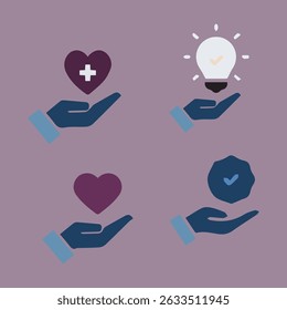Ilustração de vetor plano mostrando quatro mãos segurando ícones diferentes representando valores de chave