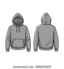 A flat vector illustration showing the front and back views of a classic grey hooded sweatshirt. The hoodie features a drawstring hood, a kangaroo pocket on the front, and ribbed cuffs and hem. The design is clean and minimalist, suitable for apparel mockups and fashion design templates.