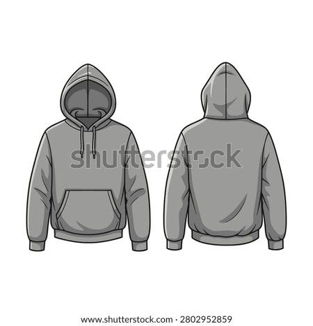 A flat vector illustration showing the front and back views of a classic grey hooded sweatshirt. The hoodie features a drawstring hood, a kangaroo pocket on the front, and ribbed cuffs and hem. The design is clean and minimalist, suitable for apparel mockups and fashion design templates.