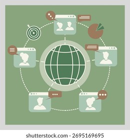 Ilustração vetorial plana mostrando uma equipe remota global se comunicando por meio de videoconferência em um globo central. Perfeito para negócios, trabalho em equipe e colaboração online