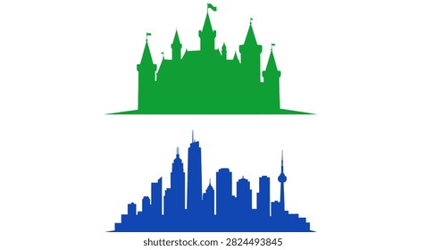 A flat vector illustration showing a green medieval castle silhouette above a blue modern skyscraper city skyline on a white background