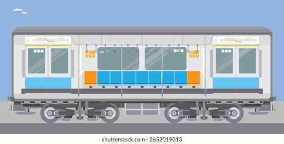 Uma ilustração vetorial plana mostrando o interior de um metrô ou metrô moderno. O design possui assentos azuis e laranja, alças de teto e portas deslizantes, com uma estética limpa e mínima. Identificação