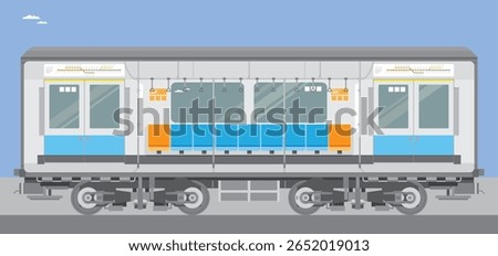 A flat vector illustration showing the interior of a modern metro or subway train. The design features blue and orange seats, ceiling handles, and sliding doors, with a clean and minimal aesthetic. Id
