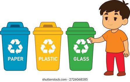 Ilustração vetorial plana mostrando a reciclagem infantil em compartimentos codificados por cores rotulados como papel, plástico e vidro.	
