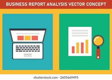 Flat vector illustration showing a laptop displaying data and a document with a bar graph being analyzed with a magnifying glass. Business report analysis concept.