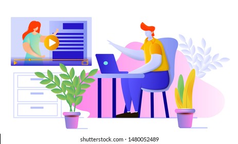 Flat vector illustration showing a man taking part in webinar. Online education design concept. Image showing male character listening to speaker or tutor. Distance learning and online meeting.