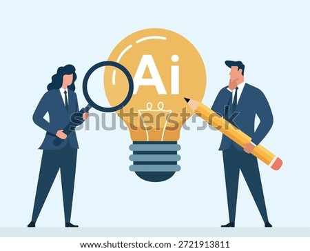 A flat vector illustration showing a man and woman analyzing and designing AI concepts using a magnifying glass and pencil