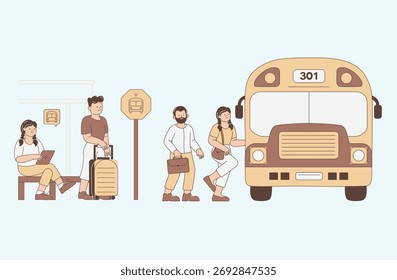 Flat vector illustration showing people waiting at a bus stop and boarding a city bus.