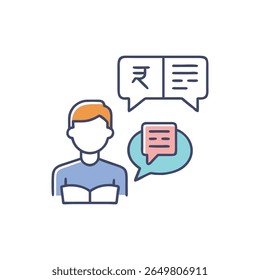 Flat vector illustration showing a person reading with associated language and text message chat bubbles.