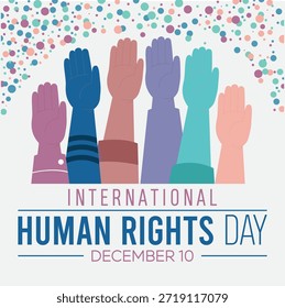 Ilustración vectorial plana mostrando las manos levantadas en diversos colores que representan la igualdad, la libertad y la conciencia global de los derechos humanos el 10 de diciembre.