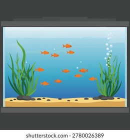 A flat vector illustration showing a rectangular fish tank with aquatic plants and a school of goldfish swimming in blue water