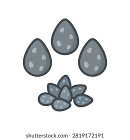 A flat vector illustration showing a small heap of dark grey sesame seeds with three individual seeds floating above on a plain background
