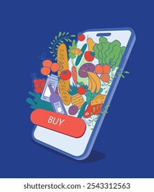 Ilustração de vetor plano mostrando um smartphone preenchido com vários supermercados. Frutas, legumes e bebidas, prontos para compra. O botão COMPRAR, a ação de completar uma mercearia on-line
