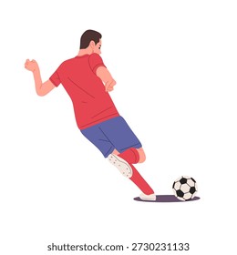 Flache Vektorgrafik, die einen Fußballspieler in verschiedenen Kickpositionen und Bewegungsabläufen zeigt. Dynamischer Zeichentrickcharakter, der Fußballaktionen, Bewegungen und sportliche Aktivitäten demonstriert. Ideal für Sportkonzepte, Bildmaterial zum Fußballtraining, Spielwerbung, athletische Websites, mobile Apps, Poster, Infografiken und Marketingmaterialien.