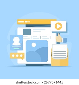 Ilustração vetorial plana mostrando gerenciamento e marketing de mídia social. Os conceitos incluem campanhas de e-mail, estratégia digital, SMM, análise de marca e planejamento para marketing on-line bem-sucedido.