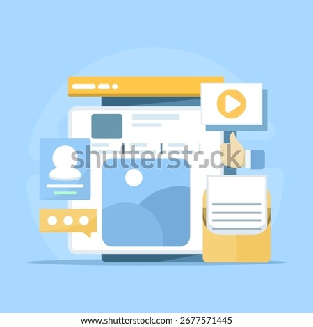 Flat vector illustration showing social media marketing and management. Concepts include email campaigns, digital strategy, SMM, brand analysis, and planning for successful online marketing.
