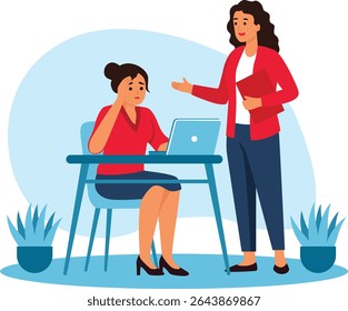 Flat vector illustration showing a stressed female office worker sitting at her desk with a laptop, while a supportive colleague stands beside her offering help