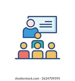 Flat vector illustration showing a teacher giving a lecture in a classroom setting with students. Simple and stylized icon design.