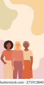 Uma ilustração vetorial plana mostrando três mulheres de diferentes idades e origens étnicas unidas, simbolizando unidade, diversidade e empoderamento feminino. A paleta de cores pastel mínima e o design moderno tornam este trabalho artístico adequado para campanhas do Dia Internacional da Mulher, conteúdo de mídias sociais, cartazes, banners e projetos de marca com temas de igualdade.