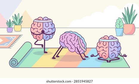 A flat vector illustration showing three personified human brain characters engaging in various yoga poses as a form of brain exercise. The characters are wearing sweatbands and performing tree pose, downward-facing dog, and a seated lotus meditation on a multi-colored yoga mat in a serene indoor setting with potted house plants and soft pastel background shapes.