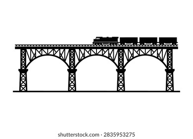 A flat vector illustration showing a train engine and carriages moving across an arched metal trestle bridge on a white background