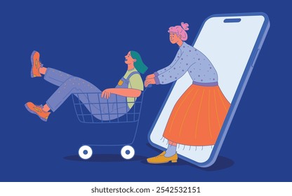 Ilustração de vetor plano mostrando dois personagens envolvidos em uma cena de compras on-line. Personagem feminina empurra um carrinho de compras com uma menina sentada dentro, emergindo de uma tela de smartphone. Isolar