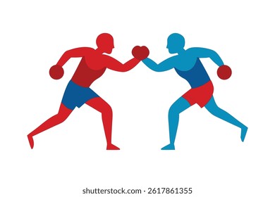 Flat vector illustration showing two boxers in mid-fight pose. Clean, detailed, and perfect for sports design projects. Isolated on a white background for versatile use.