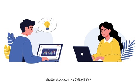 Flat vector illustration showing two professionals collaborating using laptops Symbolizes remote team work idea sharing online education and business innovation