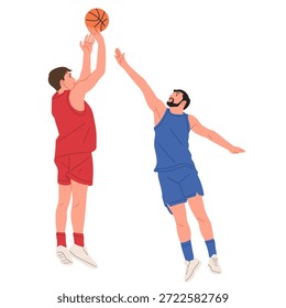 Ilustración vectorial plana que muestra a dos atletas masculinos driblando, defendiendo, saltando, disparando, bloqueando y rebotando la pelota. Concepto de partido de baloncesto, trabajo en equipo, competición deportiva, entrenamiento y movimiento dinámico aislado sobre fondo blanco.