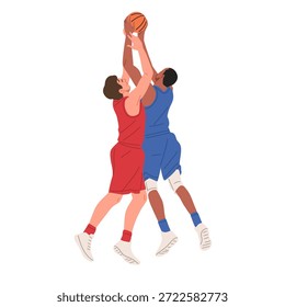 Ilustración vectorial plana que muestra a dos atletas masculinos driblando, defendiendo, saltando, disparando, bloqueando y rebotando la pelota. Concepto de partido de baloncesto, trabajo en equipo, competición deportiva, entrenamiento y movimiento dinámico aislado sobre fondo blanco.