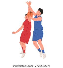 Ilustración vectorial plana que muestra a dos atletas masculinos driblando, defendiendo, saltando, disparando, bloqueando y rebotando la pelota. Concepto de partido de baloncesto, trabajo en equipo, competición deportiva, entrenamiento y movimiento dinámico aislado sobre fondo blanco.