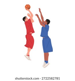 Ilustración vectorial plana que muestra a dos atletas masculinos driblando, defendiendo, saltando, disparando, bloqueando y rebotando la pelota. Concepto de partido de baloncesto, trabajo en equipo, competición deportiva, entrenamiento y movimiento dinámico aislado sobre fondo blanco.