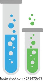 A flat vector illustration showing two test tubes, one with bubbling blue liquid and the other with bubbling green liquid, representing chemical experiments.