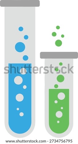 A flat vector illustration showing two test tubes, one with bubbling blue liquid and the other with bubbling green liquid, representing chemical experiments.