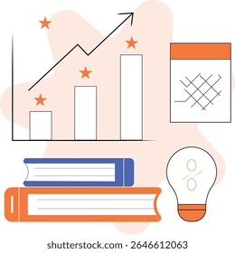 Flat Vector Illustration Showing Upward Learning Graph With Books Lightbulbs and Exam Score Icons in a Clean Minimal Educational Design Elements - Vector Illustration