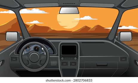 Flat vector illustration showing a vehicle dashboard overlooking a desert mountain range at sunset.
