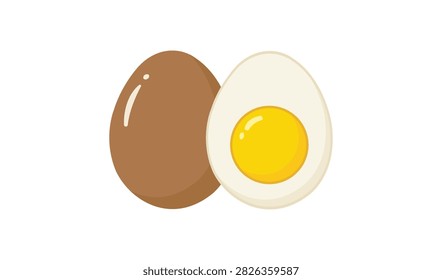 A flat vector illustration showing a whole brown egg next to a halved hard-boiled egg with a bright yellow yolk, isolated on a clean white background.