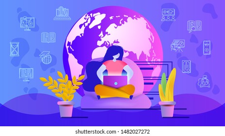 Flat vector illustration showing a woman working on laptop. Online education design concept. Female character studying at home. Online lectures, trainings, lessons, courses.