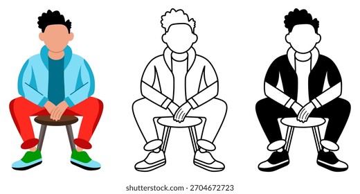 Ilustración vectorial plana que muestra a un joven sentado en un taburete