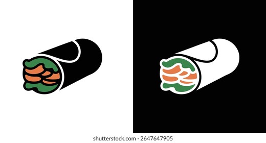 Uma ilustração vetorial plana mostra um burrito com alface verde e salmão laranja em fundos brancos e pretos contrastantes, enfatizando a simplicidade e o apelo culinário.