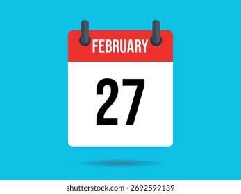 Flat vector illustration shows a calendar page with the month February and the date the 27th in black, isolated on a cyan background.