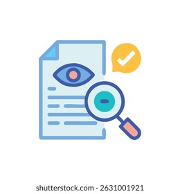 Uma ilustração vetorial plana mostra um documento com uma lente de aumento e uma marca de confirmação indicando a conclusão da verificação de segurança.