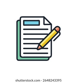 A ilustração vetorial plana mostra um documento com linhas e lápis. Estilo minimalista adequado para sites e apresentações.